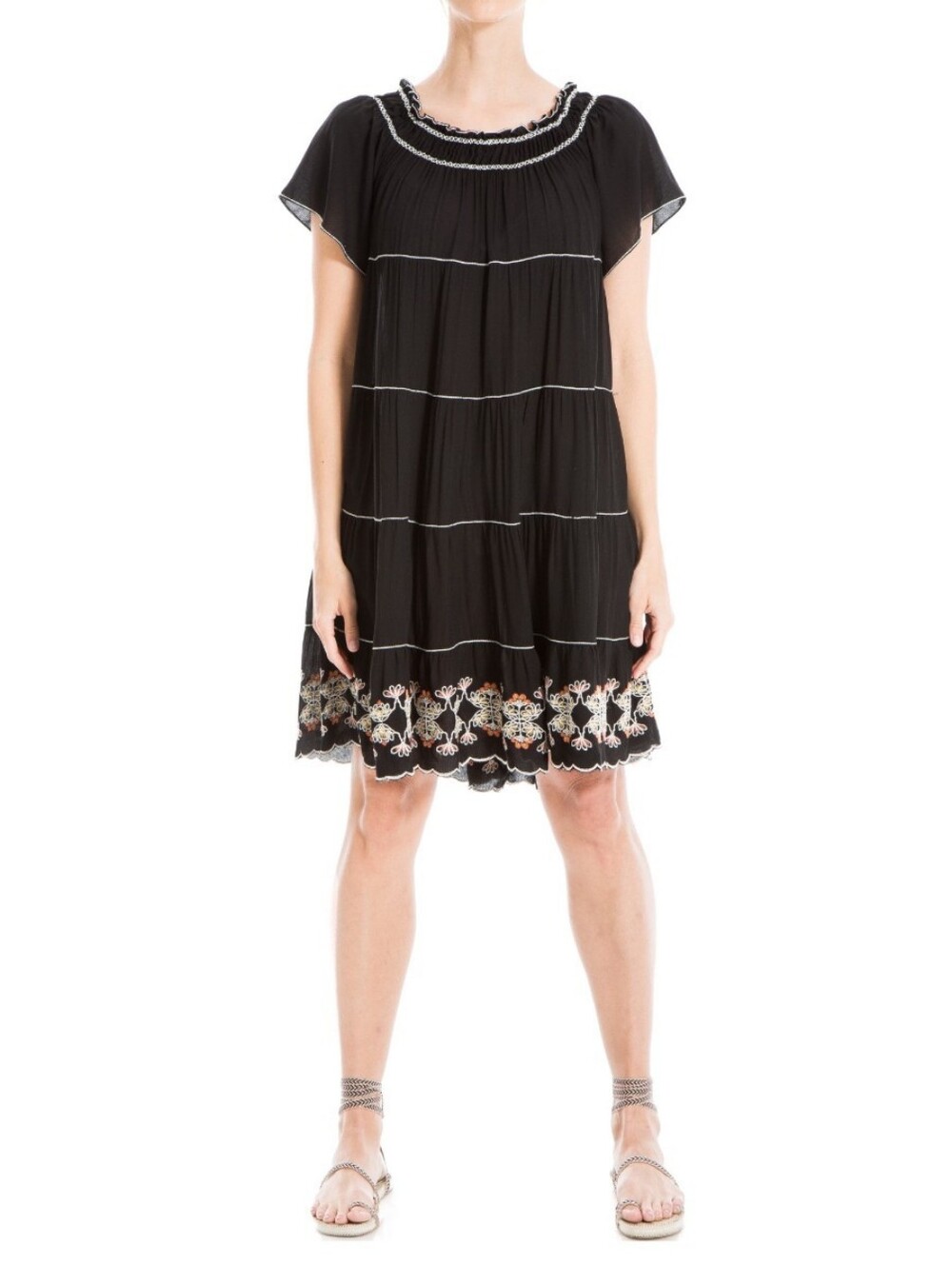 Max Studio NWT Women's Black Embroidered Floral Tiered Summer Dress Size L Large